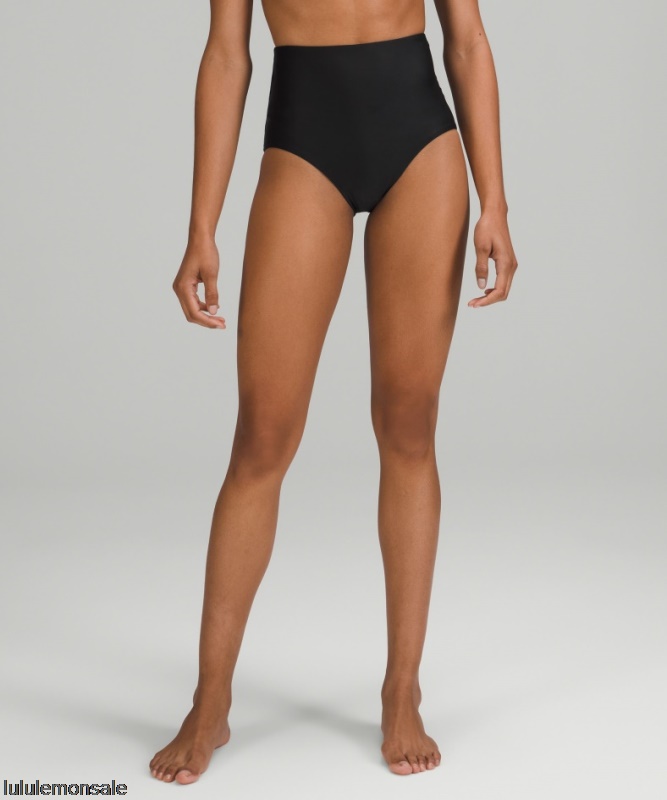 Lululemon Damen DELULU500 | Schwarz Waterside Hoch Taillierte Badehose Mittlere Hinternbedeckung