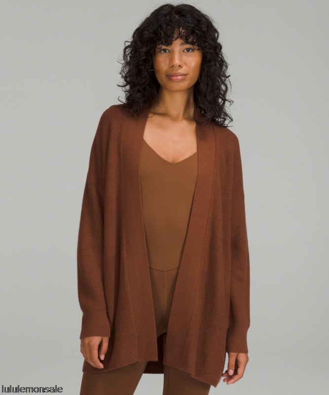 Lululemon Damen DELULU480 | Gerippter Langer Wickelpullover Aus Merinowollmischung Röstbraun
