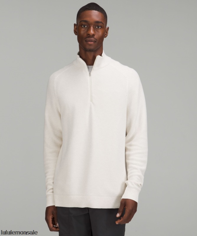 Lululemon Deutschland DELULU937 | Lululemon Deutschland Melierter, Naturelfenbeinfarbener, Strukturierter Strickpullover Mit Halbem Reißverschluss